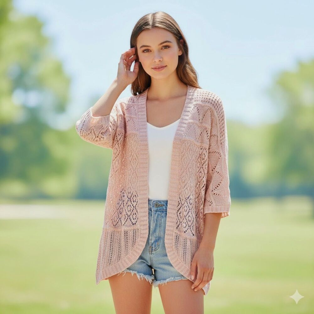Pink Rose Knit Crochet Open-Front Pointelle Dusty Rose Cardigan